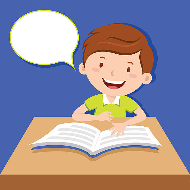 Vector illustration of a little boy reading book with speech bubble.