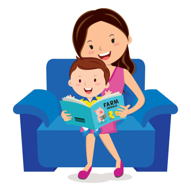 Vector illustration of a woman and kid reading book